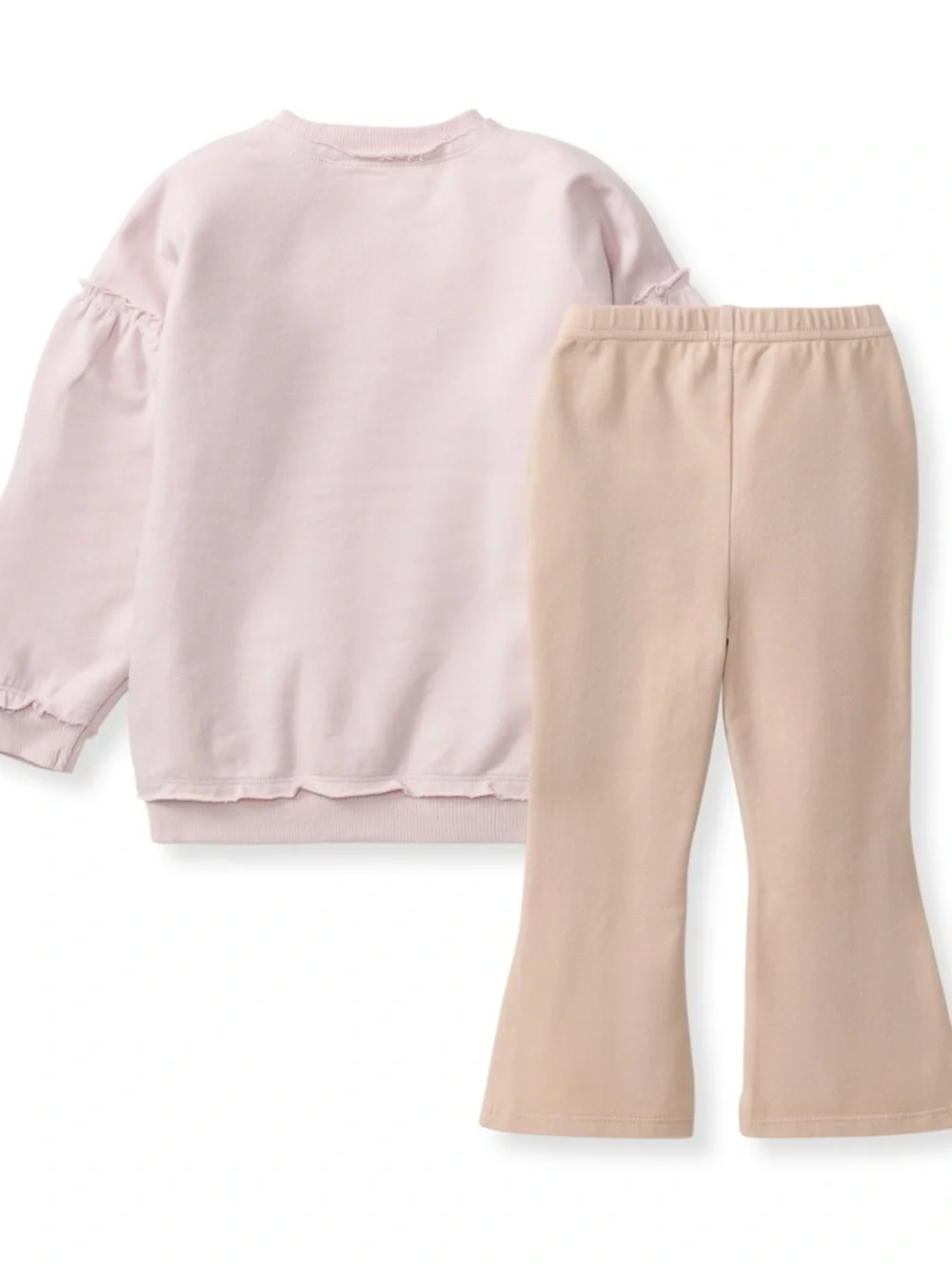 Light Pink Ruffle Sleeve Sweatshirt & Beige Flare Pants Set by Burt’s Bees